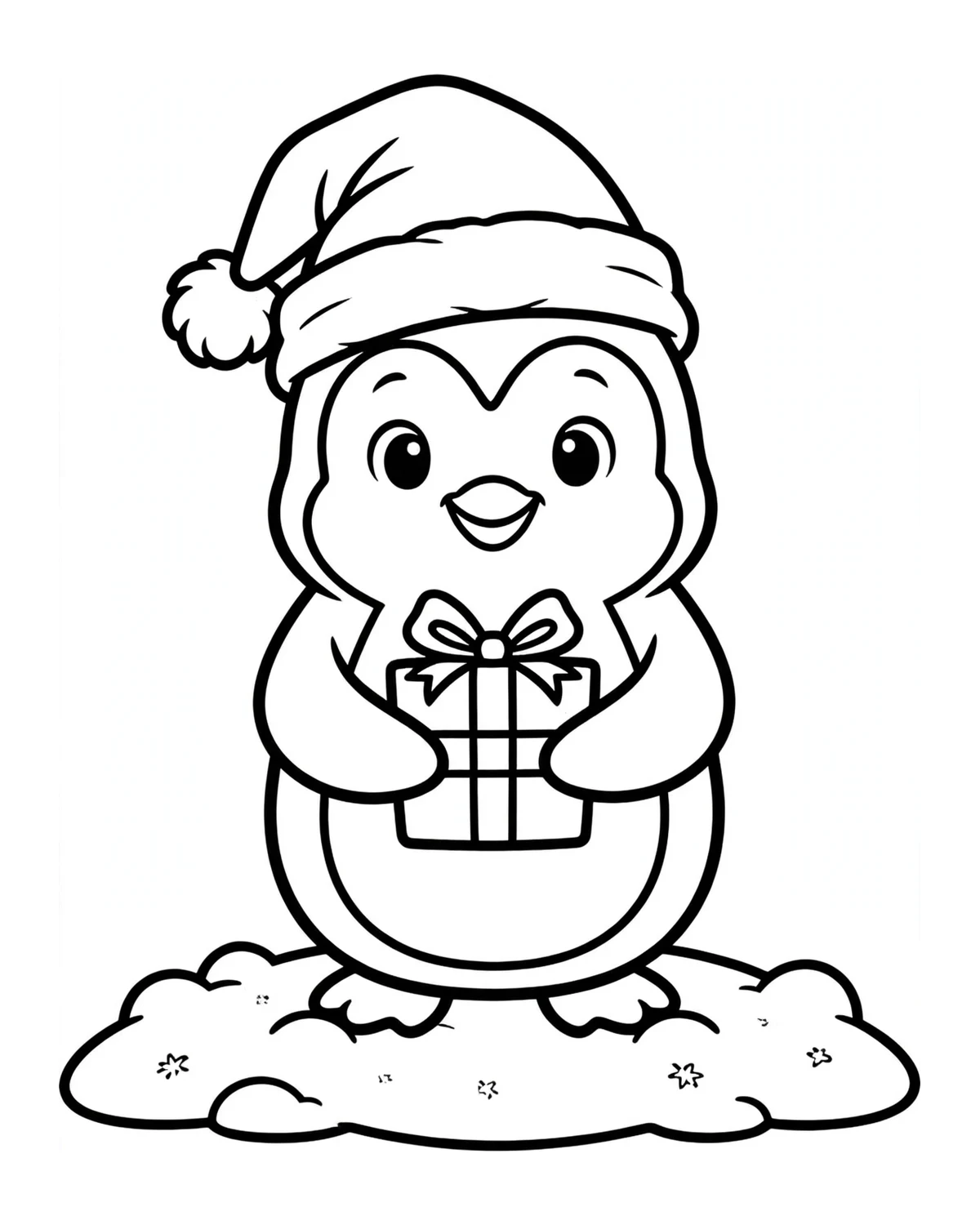Ausmalbild Pinguin mit Geschenk zum Ausdrucken