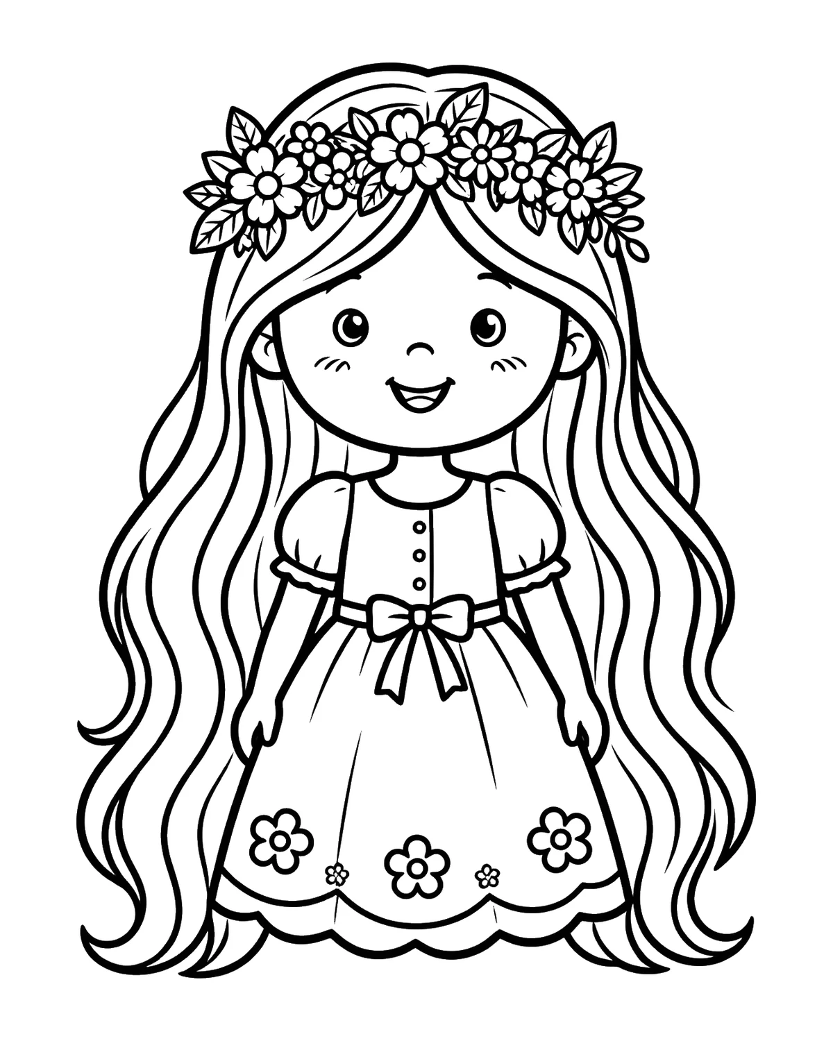 Ausmalbild Prinzessin mit Blumenkranz zum Ausdrucken