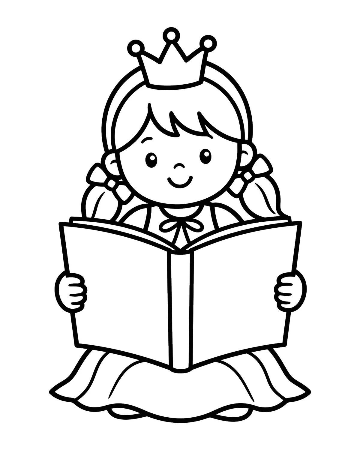 Ausmalbild Prinzessin mit Buch zum Ausdrucken