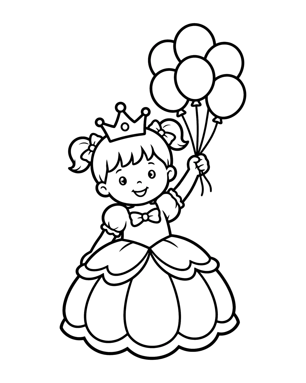 Ausmalbild Prinzessin mit Luftballons zum Ausdrucken