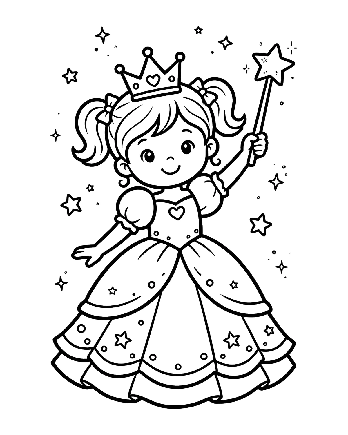 Ausmalbild Prinzessin mit Zauberstab zum Ausdrucken