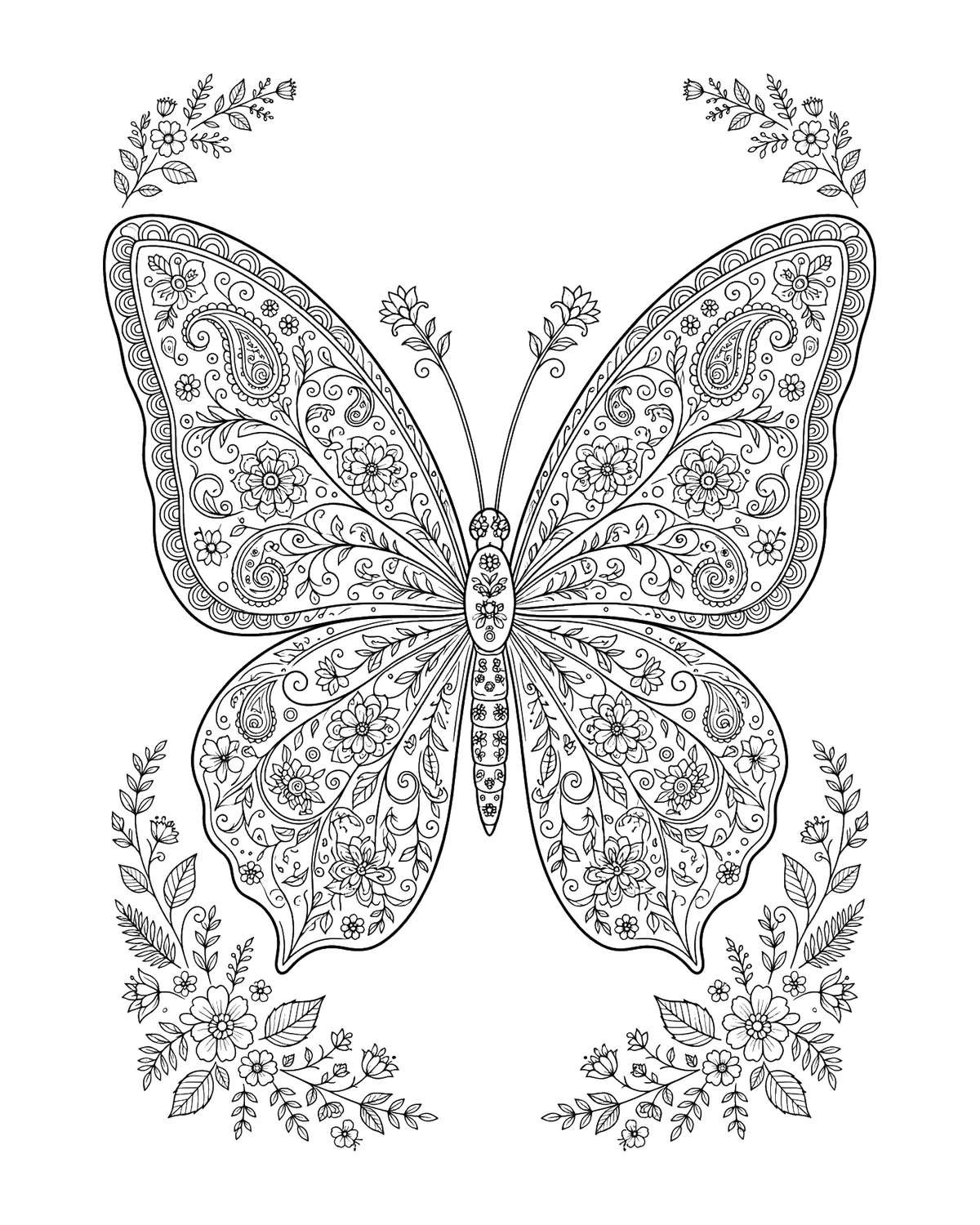 Ausmalbild Schmetterling mit Mustern zum Ausdrucken
