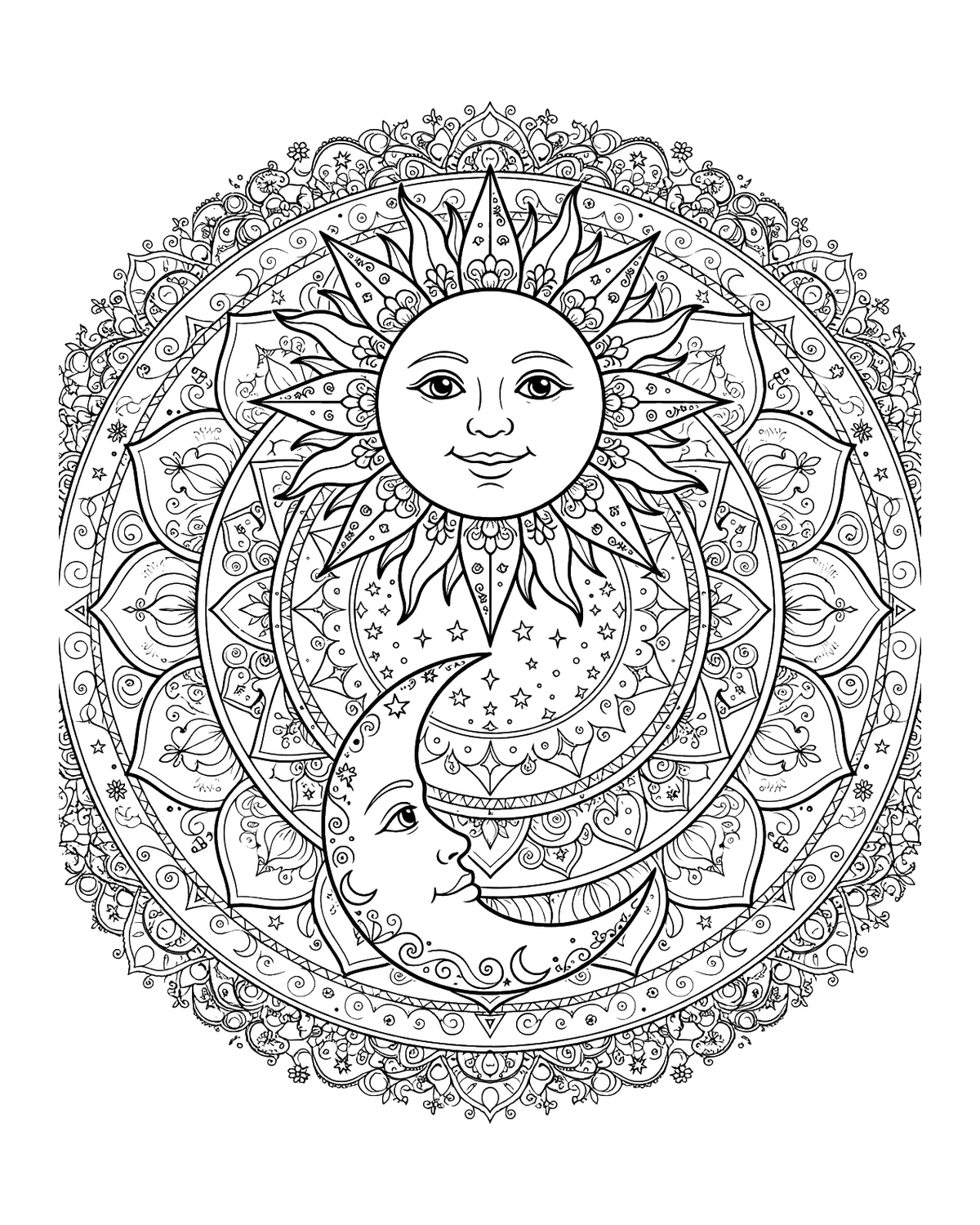 Ausmalbild Sonne und Mond Mandala zum Ausdrucken