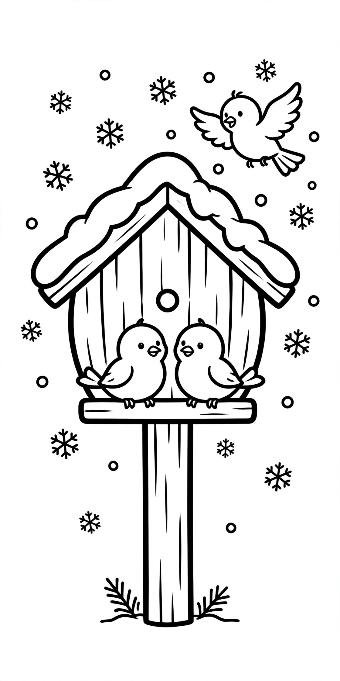 Ausmalbild Vogelhaus im Schnee zum Ausdrucken
